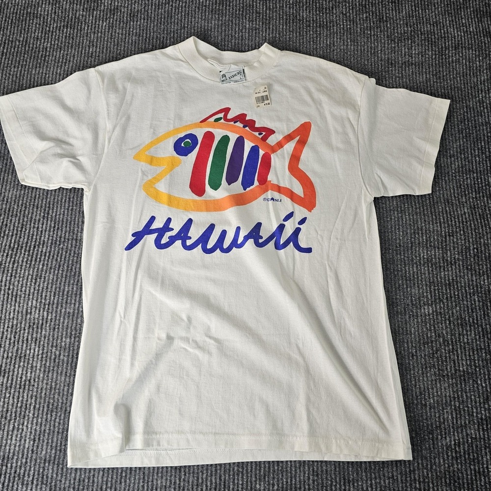 SGT Leisure Shirt Mens LARGE White Hawaii Colorful Fish Graphic Tee Souvenir USA
